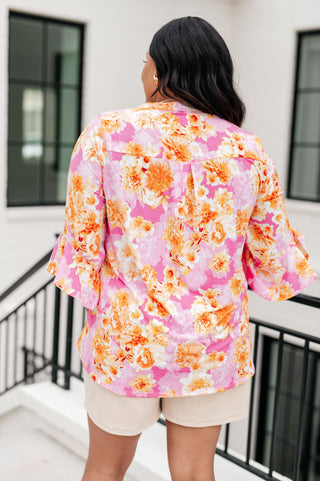 Lizzy Bell Sleeve Top in Pink and Gold Floral - Fashion Are Us, LLC