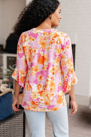 Lizzy Bell Sleeve Top in Pink and Gold Floral - Fashion Are Us, LLC