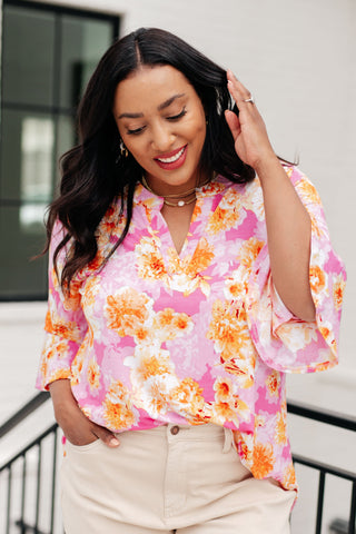 Lizzy Bell Sleeve Top in Pink and Gold Floral - Fashion Are Us, LLC