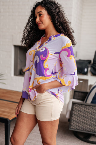 Lizzy Bell Sleeve Top in Regal Lavender and Gold - Fashion Are Us 