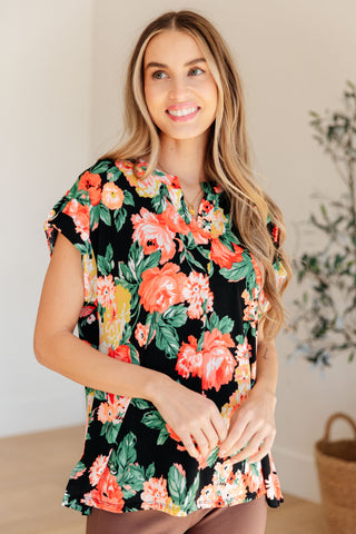 Lizzy Cap Sleeve Top in Black Garden Floral - Fashion Are Us 