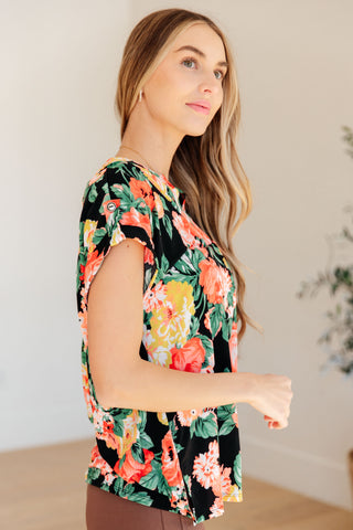 Lizzy Cap Sleeve Top in Black Garden Floral - Fashion Are Us 