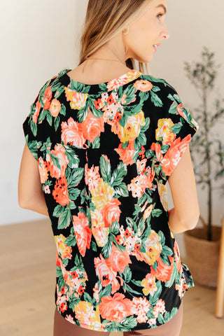 Lizzy Cap Sleeve Top in Black Garden Floral - Fashion Are Us 