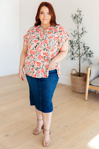 Lizzy Cap Sleeve Top in Coral and Beige Floral - Fashion Are Us 