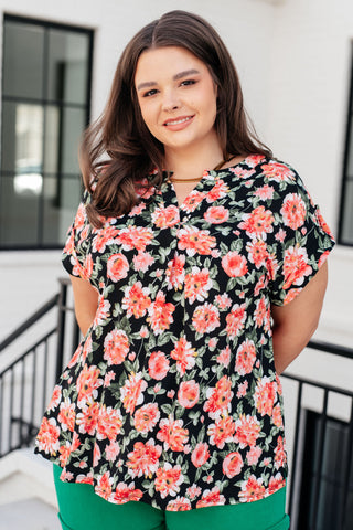 Lizzy Cap Sleeve Top in Black and Coral Floral - Fashion Are Us, LLC