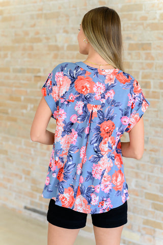 Lizzy Cap Sleeve Top in Dusty Blue and Coral Roses - Fashion Are Us, LLC