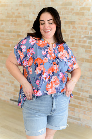 Lizzy Cap Sleeve Top in Dusty Blue and Coral Roses - Fashion Are Us, LLC