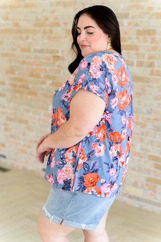 Lizzy Cap Sleeve Top in Dusty Blue and Coral Roses - Fashion Are Us, LLC