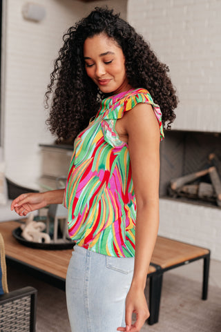 Lizzy Flutter Sleeve Top in Green Multi Abstract Stripe - Fashion Are Us 