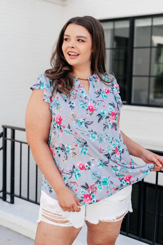 Lizzy Flutter Sleeve Top in Grey and Mint Floral - Fashion Are Us 