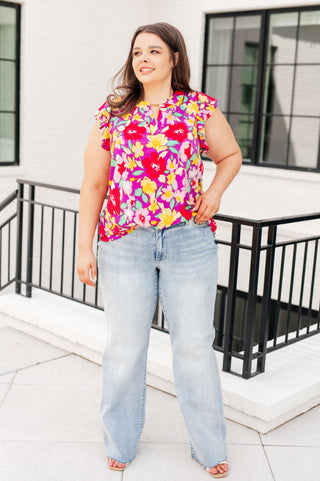 Lizzy Flutter Sleeve Top in Magenta and Yellow Floral - Fashion Are Us, LLC