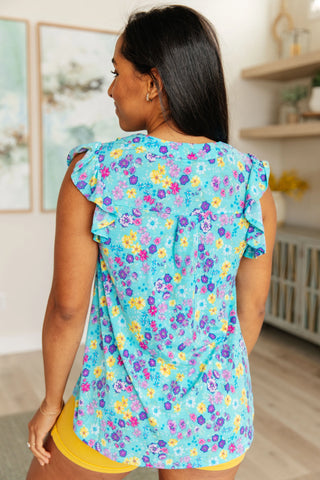 Lizzy Flutter Sleeve Top in Teal and Purple Floral Ave Shops