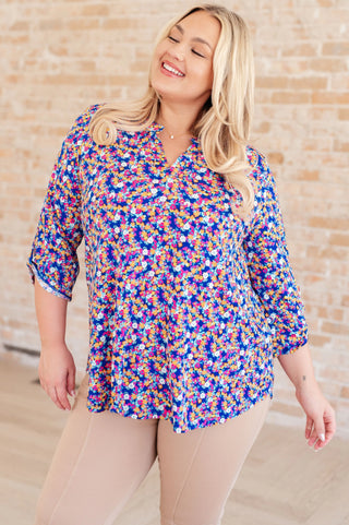 Lizzy Top in Blue and Pink Retro Ditsy Floral Ave Shops