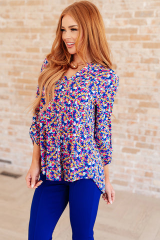 Lizzy Top in Blue and Pink Retro Ditsy Floral Ave Shops