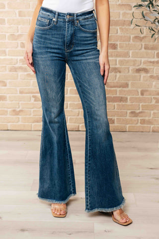 Miley High Waist Control Top Frayed Hem Flare Jeans - Fashion Are Us 