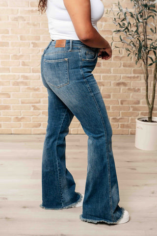 Miley High Waist Control Top Frayed Hem Flare Jeans - Fashion Are Us 