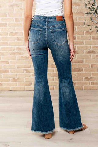 Miley High Waist Control Top Frayed Hem Flare Jeans - Fashion Are Us 