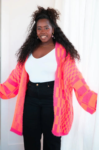 Noticed in Neon Checkered Cardigan in Pink and Orange - Fashion Are Us, LLC