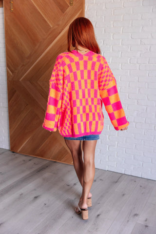 Noticed in Neon Checkered Cardigan in Pink and Orange - Fashion Are Us, LLC