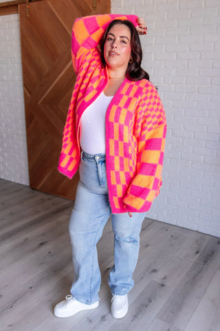 Noticed in Neon Checkered Cardigan in Pink and Orange - Fashion Are Us, LLC