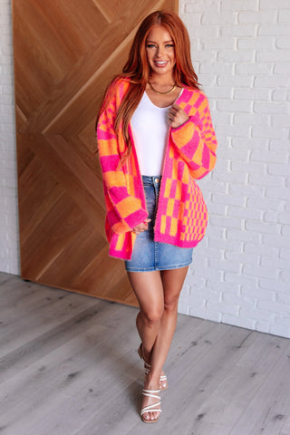 Noticed in Neon Checkered Cardigan in Pink and Orange - Fashion Are Us, LLC