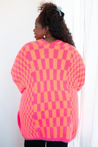 Noticed in Neon Checkered Cardigan in Pink and Orange - Fashion Are Us, LLC