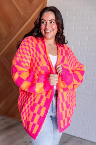 Noticed in Neon Checkered Cardigan in Pink and Orange - Fashion Are Us, LLC