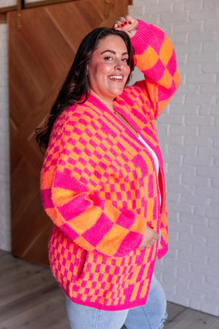 Noticed in Neon Checkered Cardigan in Pink and Orange - Fashion Are Us, LLC