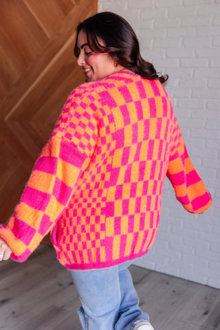 Noticed in Neon Checkered Cardigan in Pink and Orange - Fashion Are Us, LLC