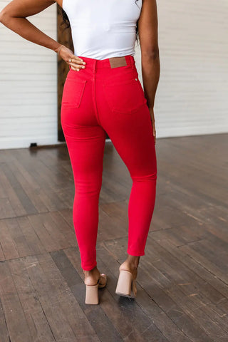 Ruby High Rise Control Top Garment Dyed Skinny Jeans in Red - Fashion Are Us 