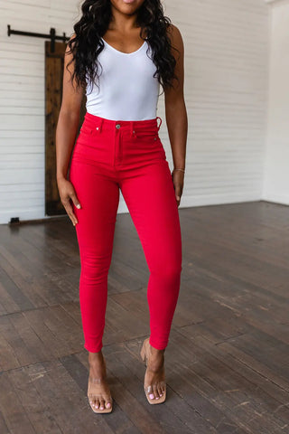 Ruby High Rise Control Top Garment Dyed Skinny Jeans in Red - Fashion Are Us 