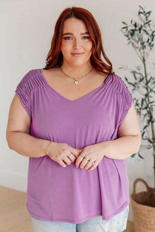 Ruched Cap Sleeve Top in Lavender - Fashion Are Us 