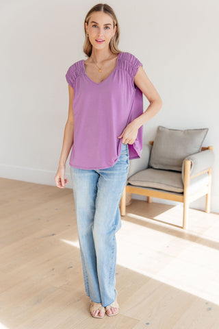 Ruched Cap Sleeve Top in Lavender - Fashion Are Us 