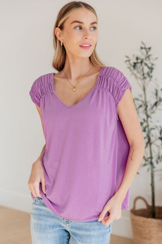 Ruched Cap Sleeve Top in Lavender - Fashion Are Us 