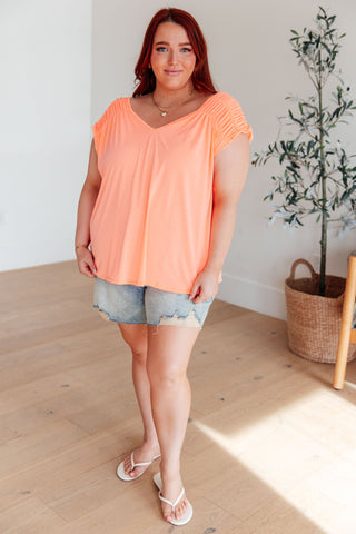 Ruched Cap Sleeve Top in Neon Orange - Fashion Are Us 