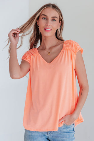 Ruched Cap Sleeve Top in Neon Orange - Fashion Are Us 