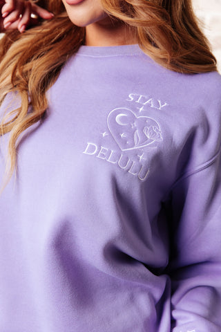 Stay Delulu Scuba Sweatshirt Periwinkle - Fashion Are Us 