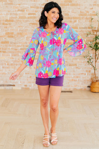 Willow Bell Sleeve Top in Bright Blue Floral - Fashion Are Us, LLC