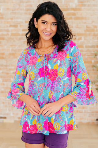 Willow Bell Sleeve Top in Bright Blue Floral - Fashion Are Us, LLC