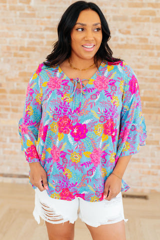 Willow Bell Sleeve Top in Bright Blue Floral - Fashion Are Us, LLC