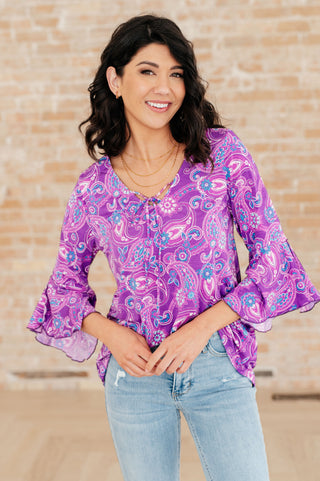 Willow Bell Sleeve Top in Lavender Paisley - Fashion Are Us 