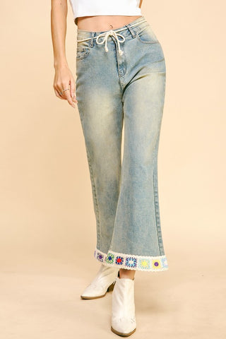 Davi & Dani Crochet Trim Flare Jeans with Pockets Trendsi