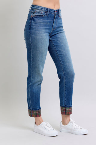 Judy Blue Full Size Plaid Print Cuff Straight Leg Jeans with Pockets Trendsi