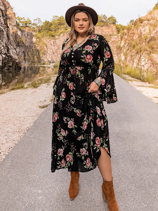 Plus Size Floral Flare Sleeve Dress Trendsi