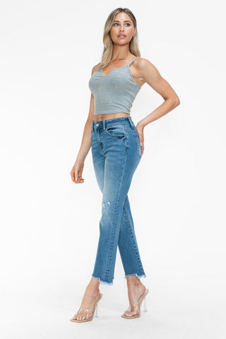 bytos Raw Hem Distressed Mid Rise Crop Jeans Trendsi