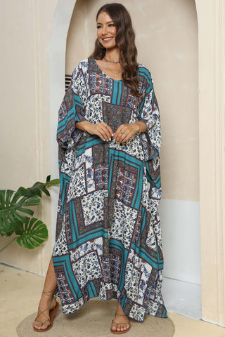 Printed V-Neck Split Maxi Dress Trendsi