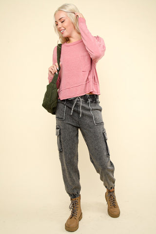 VERY J Washed Drawstring Jogger Cargo Jeans Trendsi