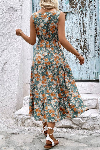 Perfee Floral V-Neck Tiered Sleeveless Dress Trendsi