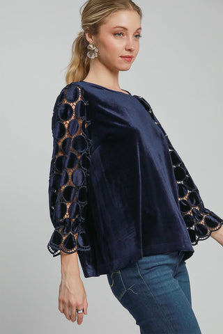 Umgee Polka Dot Lace Long Sleeve Round Neck Blouse Trendsi