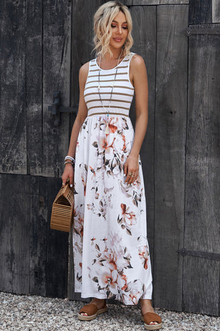 Striped Floral Round Neck Sleeveless Maxi Dress Trendsi